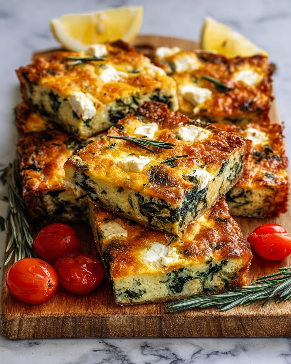 The image shows several square pieces of a baked dish with a golden brown, slightly crispy top layer scattered with small white cheese chunks and dark green spinach leaves inside. Each piece is thick and has a soft, fluffy inside with visible layers of cooked spinach and cheese. The squares are arranged on a wooden board with a few sprigs of green herbs on top and around. On the side, there are bright red cherry tomatoes and lemon wedges adding color contrast. The whole scene is placed on a white marbled textured surface. photo taken with an iphone --ar 4:5 --v 7