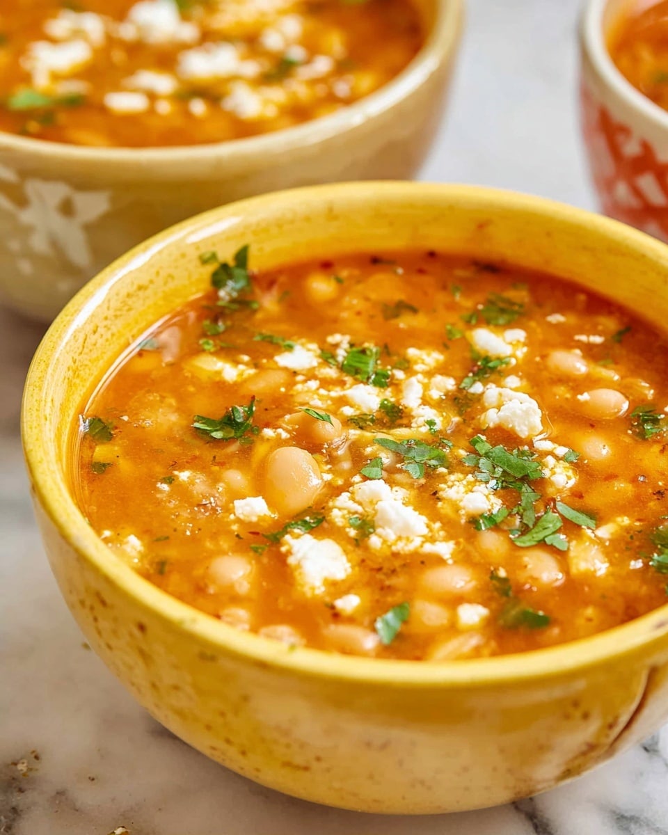 The image shows a close-up of a yellow bowl filled with orange-red soup that has a slightly thick texture. Floating on top are small white beans, bits of soft white cheese, and green fresh herb leaves scattered across the surface. The soup has a rich, smooth look with some small oil drops and mixed spices visible. The bowl has a simple design with a rim decorated in soft colors and flower patterns. The background is a white marbled texture with slight brown specks, and there are other similar bowls blurred in the background. photo taken with an iphone --ar 4:5 --v 7