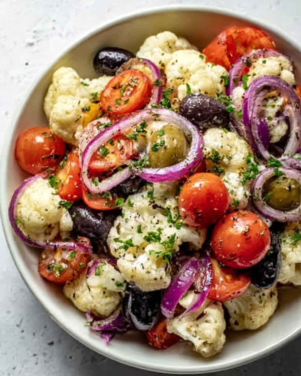 The image shows a colorful salad in a white bowl placed on a white marbled surface. The salad has three main layers visible: at the bottom, there are chopped red onions with a smooth texture and purple color; above that, large white cauliflower florets with a rough, bumpy texture; and mixed throughout, shiny dark purple olives and bright orange-red cherry tomatoes with smooth, glossy skins. Small green herb pieces are sprinkled over the salad, adding a fresh touch. photo taken with an iphone --ar 4:5 --v 7