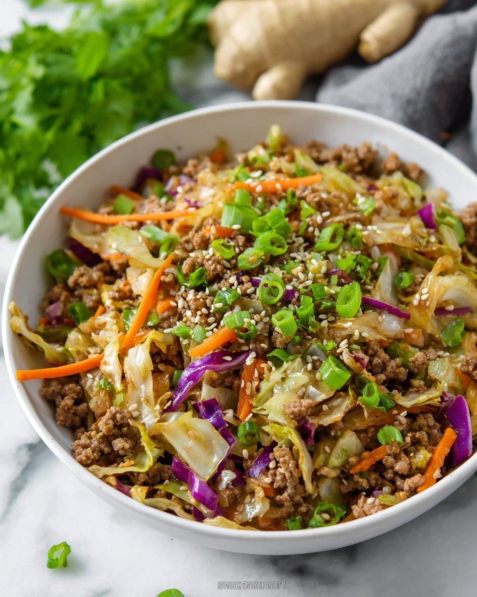 The dish is a mix of cooked ground meat and shredded vegetables served in a deep white bowl. The base layer is soft, caramel-browned cabbage and other shredded veggies in shades of light brown, orange, pale purple, and cream, mixed evenly throughout. On top, there are small chunks of browned ground meat scattered all around, adding texture and a deeper brown color. Garnishing the top layer is a sprinkling of bright green chopped spring onions and fresh herbs, along with white sesame seeds adding small pops of texture. The bowl sits on a white marbled surface with some fresh green herbs at the base. Photo taken with an iphone --ar 4:5 --v 7
