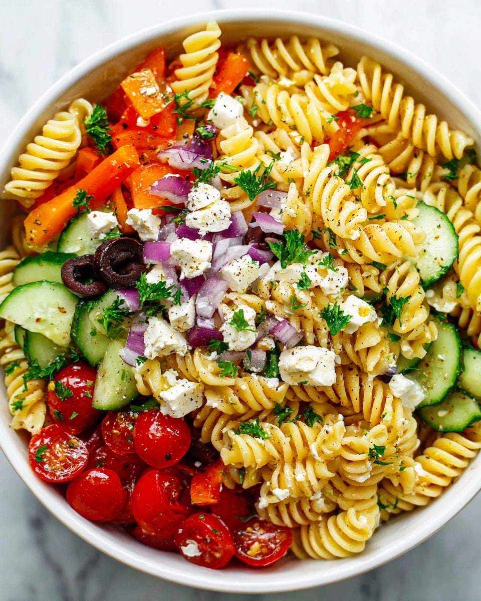 A white bowl filled with a colorful pasta salad featuring three main layers: the bottom layer has yellow spiral rotini pasta, the middle layer includes sliced green cucumbers and chunks of orange bell pepper, and the top layer is scattered with halved red cherry tomatoes, small pieces of crumbled white feta cheese, finely chopped purple onion, black olive slices, and sprigs of fresh green parsley. The salad is lightly sprinkled with black pepper and a light vinaigrette shine. The bowl rests on a white marbled surface. photo taken with an iphone --ar 4:5 --v 7