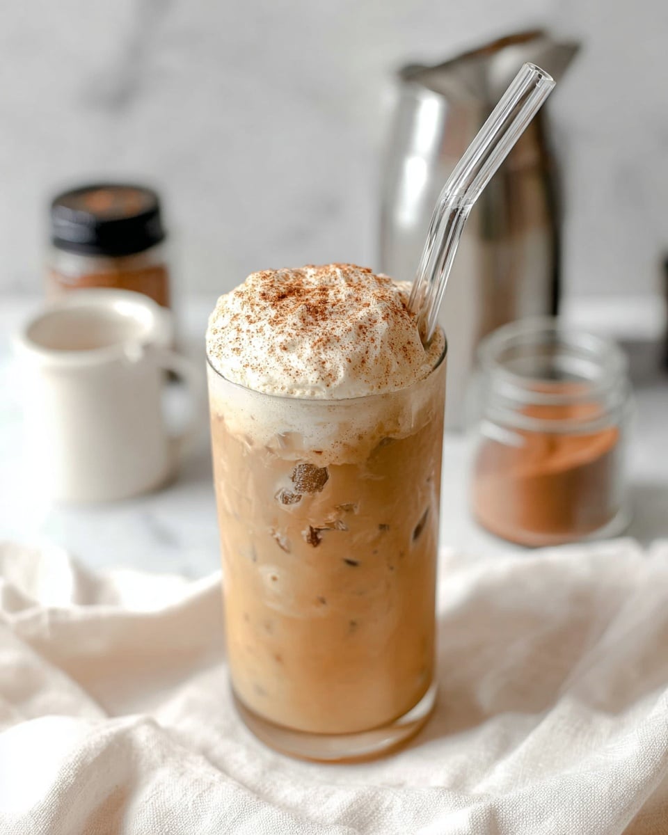 A tall clear glass filled with light brown iced coffee that has ice cubes visible inside; the top is covered with a thick layer of creamy, frothy foam sprinkled with a dusting of cinnamon or cocoa powder, and a clear glass straw is inserted on the right side of the drink. The glass sits on a white marbled surface with a white cloth underneath, and blurred items in the background include a metal container, a black object, and small jars, all softly out of focus. Photo taken with an iphone --ar 4:5 --v 7