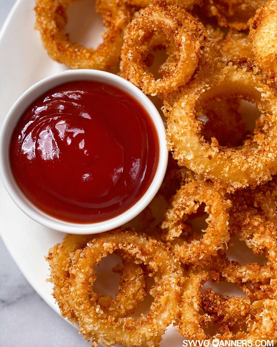 A close-up view of several golden brown, crispy onion rings with a crunchy texture, arranged in a scattered way on a white plate. On the right side, there is a small white bowl filled with smooth, shiny red ketchup. The onion rings have a rough, breaded coating with some lighter and darker areas of browning, showing they are fried. The background is a white marbled texture. Photo taken with an iphone --ar 4:5 --v 7