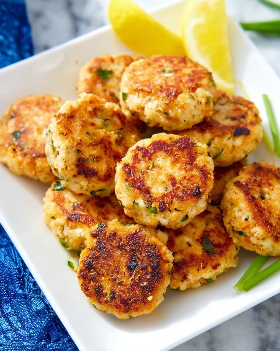 The image shows a close-up of a white square plate filled with small round patties that are golden brown with some darker seared spots, giving a crispy texture on the surface. The patties have tiny green bits scattered throughout, likely herbs or green onions. The plate has a garnish of a lemon wedge placed near the top, and a few green scallion pieces are also visible in the background. The plate rests on a white marbled texture surface with a blue cloth partially visible at the bottom left corner. photo taken with an iphone --ar 4:5 --v 7