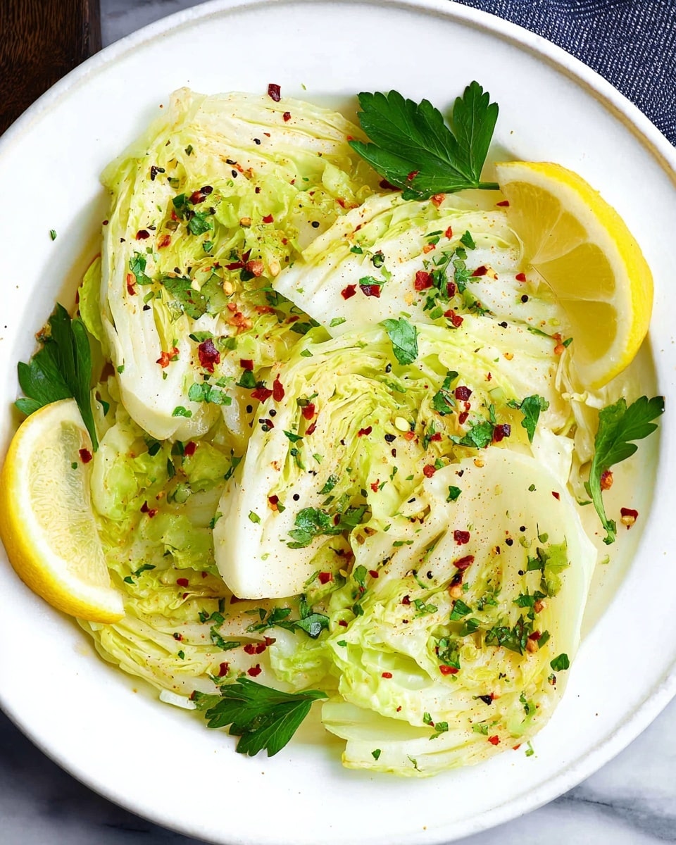 The dish shows several layers of soft, pale green and white cabbage wedges carefully placed on a white plate, each wedge revealing the crisp, leafy texture inside. The cabbage is lightly seasoned with black pepper and small red chili flakes scattered across the surface. Bright green parsley leaves add fresh color, while three bright yellow lemon wedges are arranged around the edges, one resting on top of the cabbage layers. The whole plate sits on a white marbled surface, giving a clean and fresh look to the presentation. Photo taken with an iphone --ar 4:5 --v 7