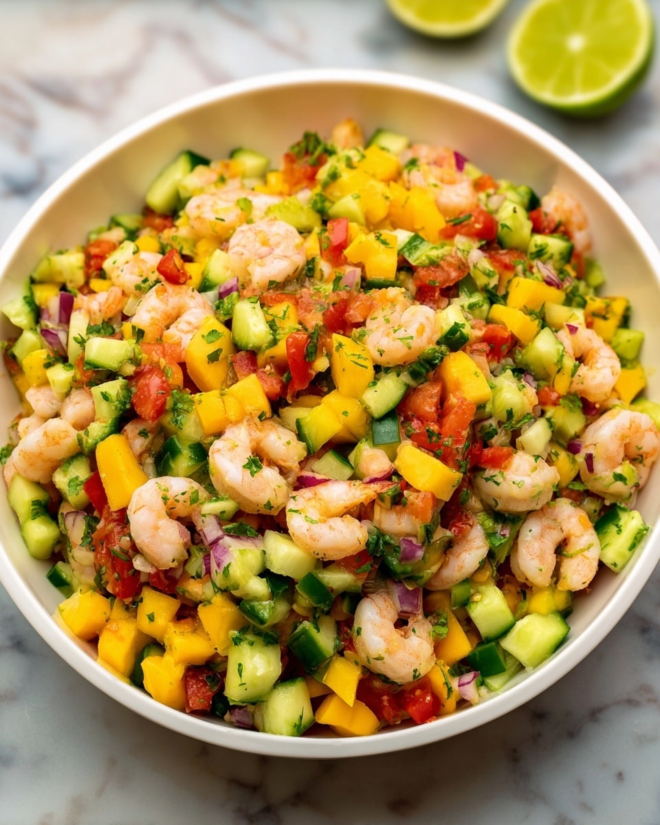 A large white bowl filled with a fresh shrimp salsa that has three main layers mixed together. The base layer includes small green cucumber cubes and bright yellow mango pieces, with a rough texture from the chopped fruits and veggies. Mixed evenly on top and throughout are small, light pink shrimp curled in shape, along with diced red tomatoes and green herbs finely chopped, adding a splash of red and dark green. The ingredients create a colorful and chunky mix with juicy and firm textures, all sitting on a white marbled background. photo taken with an iphone --ar 4:5 --v 7