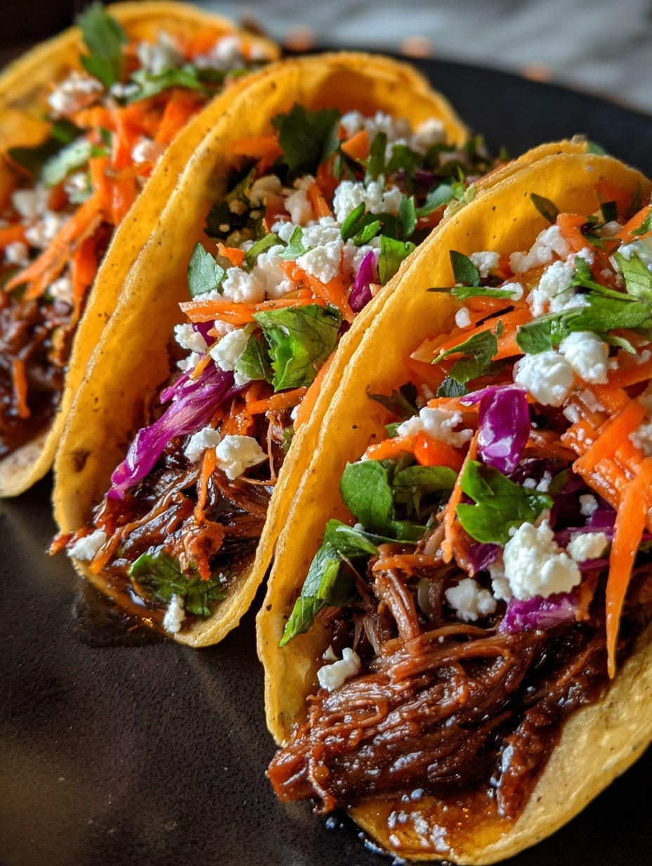 The image shows three tacos arranged side by side on a white plate, placed on a white marbled textured surface. Each taco has a golden yellow crispy shell filled with dark, glossy shredded meat topped with finely chopped green lettuce, thin orange carrot strips, and small pieces of purple cabbage. The tacos are sprinkled with white crumbly cheese and garnished with fresh green cilantro leaves. A woman's hand with a green bracelet is seen gently holding the taco on the far left. The overall look is vibrant and fresh with rich textures. photo taken with an iphone --ar 4:5 --v 7