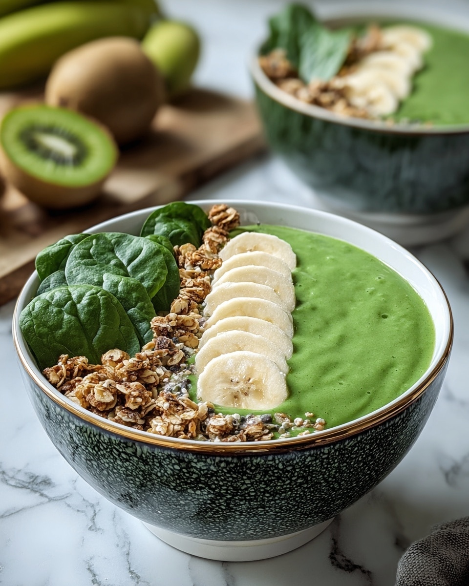 A green smoothie bowl with a thick, creamy texture fills a white bowl with a green speckled pattern and a thin gold rim. The smoothie is a rich dark green layer that covers the entire bowl. On top, three banana slices sit in a neat row on one side, next to a line of crunchy granola that has light brown oats and small white clusters. Fresh spinach leaves rest to the left of the granola, adding a fresh green touch. In the background, there is another identical bowl with the same layered contents, blurred out, along with two halved kiwis and a jar of milk on a white marbled surface. Photo taken with an iphone --ar 4:5 --v 7