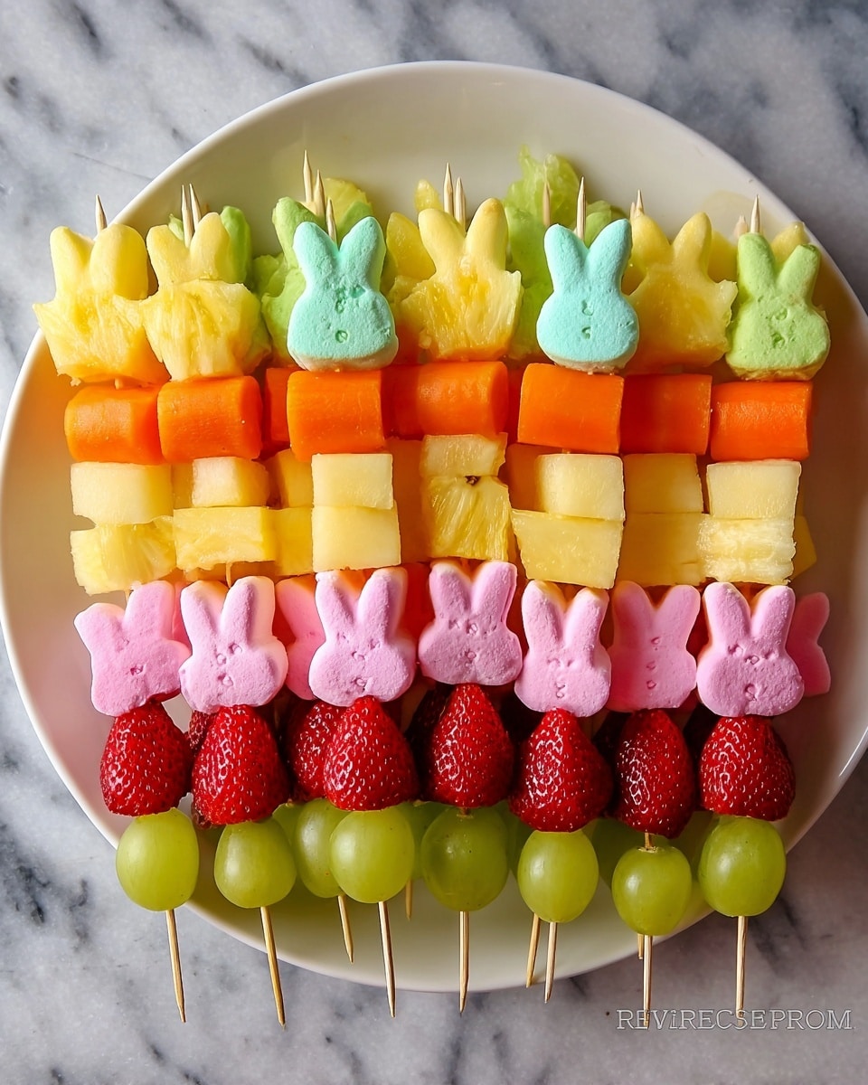 The image shows a white plate filled with colorful fruit and marshmallow bunny skewers arranged neatly. Each skewer has five layers, starting from the top with yellow pineapple chunks, followed by orange cantaloupe cubes, green grapes, bright red strawberries, and finishing with a pastel-colored marshmallow bunny in green, pink, or yellow. Below the marshmallow, the skewer has more pieces of cantaloupe and pineapple, ending with green grapes at the bottom. The plate sits on a white marbled surface, and the vibrant colors of the fruits and marshmallows create a playful and inviting look. photo taken with an iphone --ar 4:5 --v 7