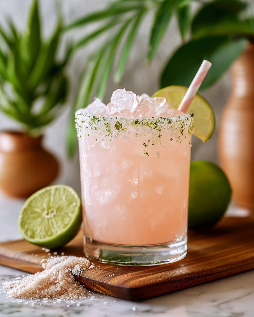 A short clear glass filled with a light pink drink and ice cubes shows a margarita. Around the rim, there is a thick layer of coarse salt mixed with small green bits. The glass is set on a wooden surface next to a half-cut lime and a pile of the same coarse salt mix. In the background, there are blurred plants and dark shapes, and the drink has a white straw sticking out from the top. Photo taken with an iphone --ar 4:5 --v 7
