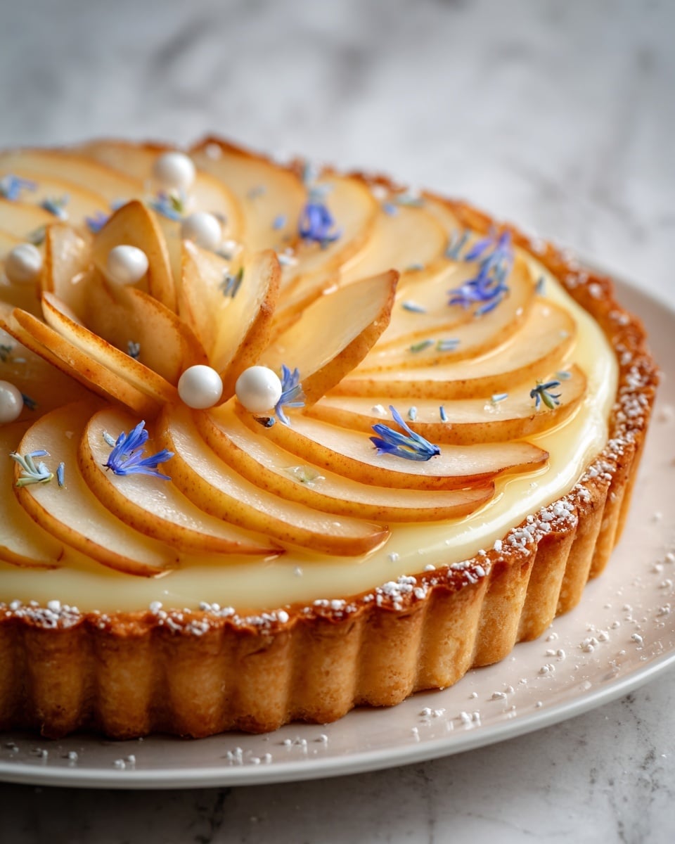 A round tart on a white plate with a flaky golden-brown crust forming a rough, uneven edge. Inside the crust is a smooth, creamy pale yellow layer covering the base. On top, thin slices of soft peach or pear fruit are arranged in six fan-like groups, pale orange with a shiny glaze. Bright red raspberry halves are scattered between these fruit fans. Small white spherical decorations and tiny blue flower petals are sprinkled over the fruit and cream, adding contrast. The entire setup sits on a white marbled surface. photo taken with an iphone --ar 4:5 --v 7