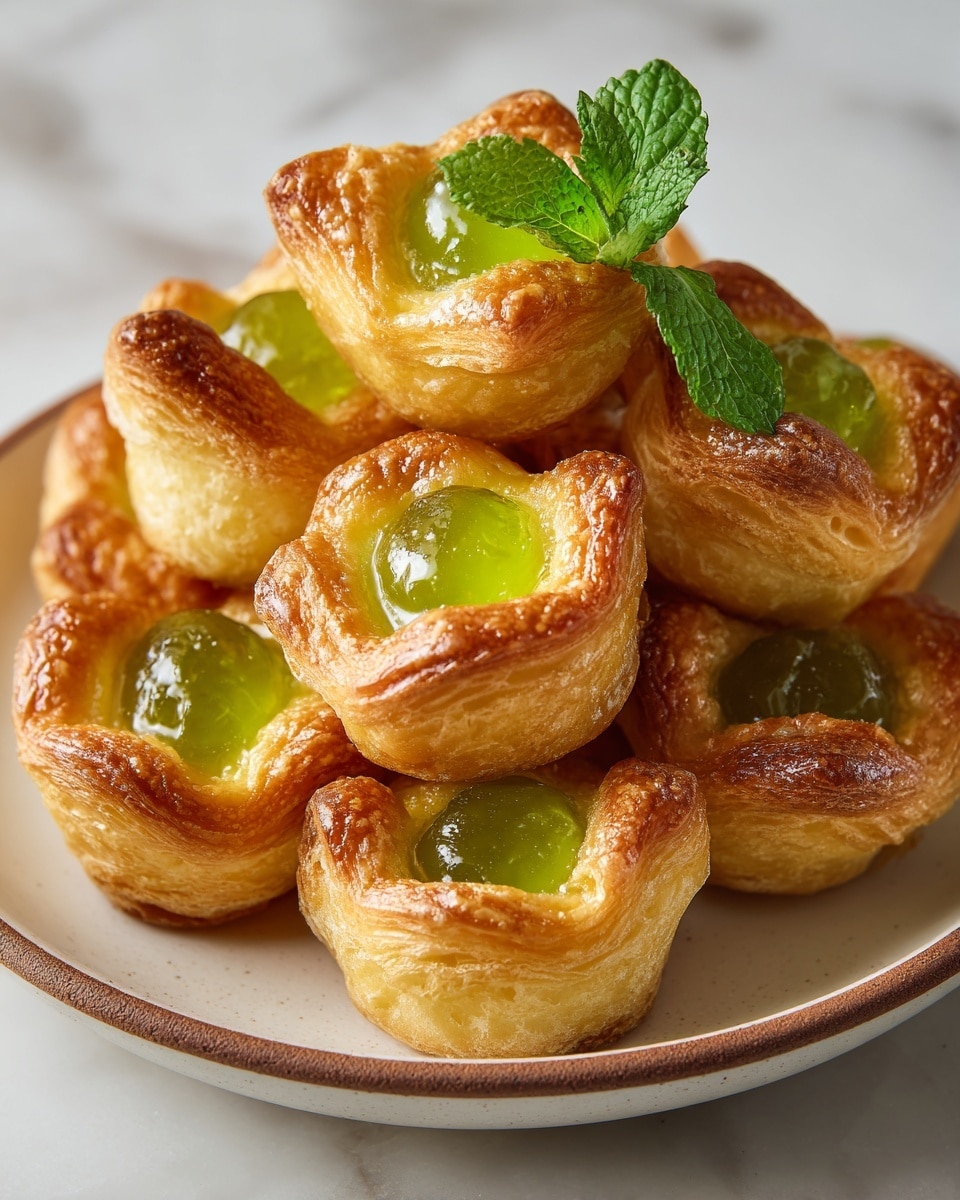 A pile of small clover-shaped pastries is shown on a white plate with a brown rim. Each pastry has a thick golden-brown crust with a slightly shiny texture and is layered twice, giving a puffy look. The centers are filled with a bright, translucent green jelly that looks smooth and shiny. A fresh green mint leaf is placed on top of the pastries, adding contrast and a touch of freshness. The plate sits on a white marbled surface, softly lit to highlight the textures and colors. photo taken with an iphone --ar 4:5 --v 7