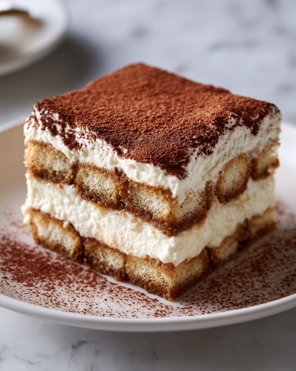 A small square piece of tiramisu with five visible layers is placed at the center of a white plate. The layers alternate between light brown coffee-soaked cake and creamy white mascarpone cream, topped with a smooth, even layer of cocoa powder dusted over the top and scattered slightly on the plate around it. The plate sits on a white marbled textured surface. photo taken with an iphone --ar 4:5 --v 7