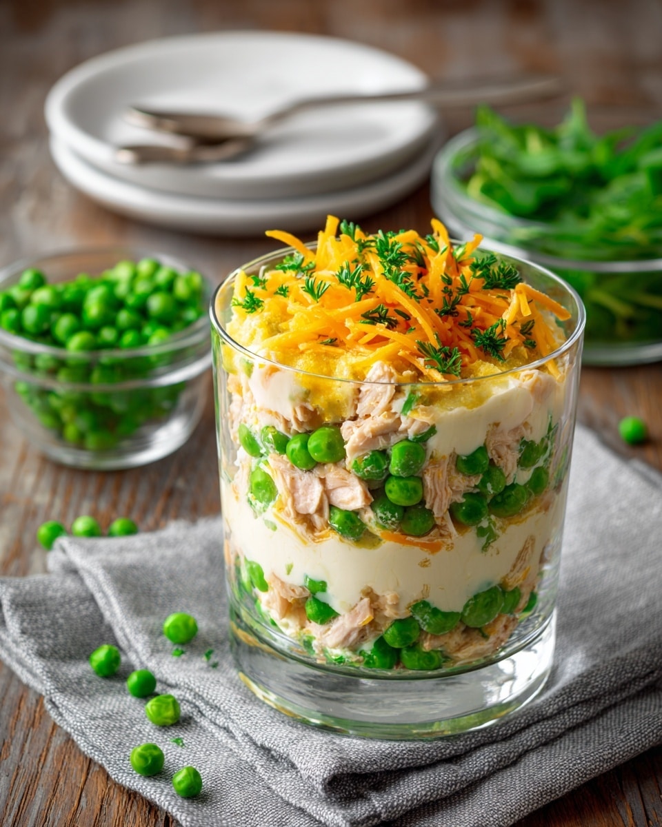 The image shows two clear glass jars filled with multiple layers of food placed on a dark gray cloth on a white marbled surface. Each jar has four main layers: the bottom layer is bright green peas, followed by a creamy white layer mixed with small green pieces, then another layer of green peas, topped with chunks of light beige chicken and more green peas, and finished with a small pile of shredded orange cheese on top. In the background, there are fresh green herbs visible, and a white stack of plates with a spoon holding some peas sits nearby. photo taken with an iphone --ar 4:5 --v 7
