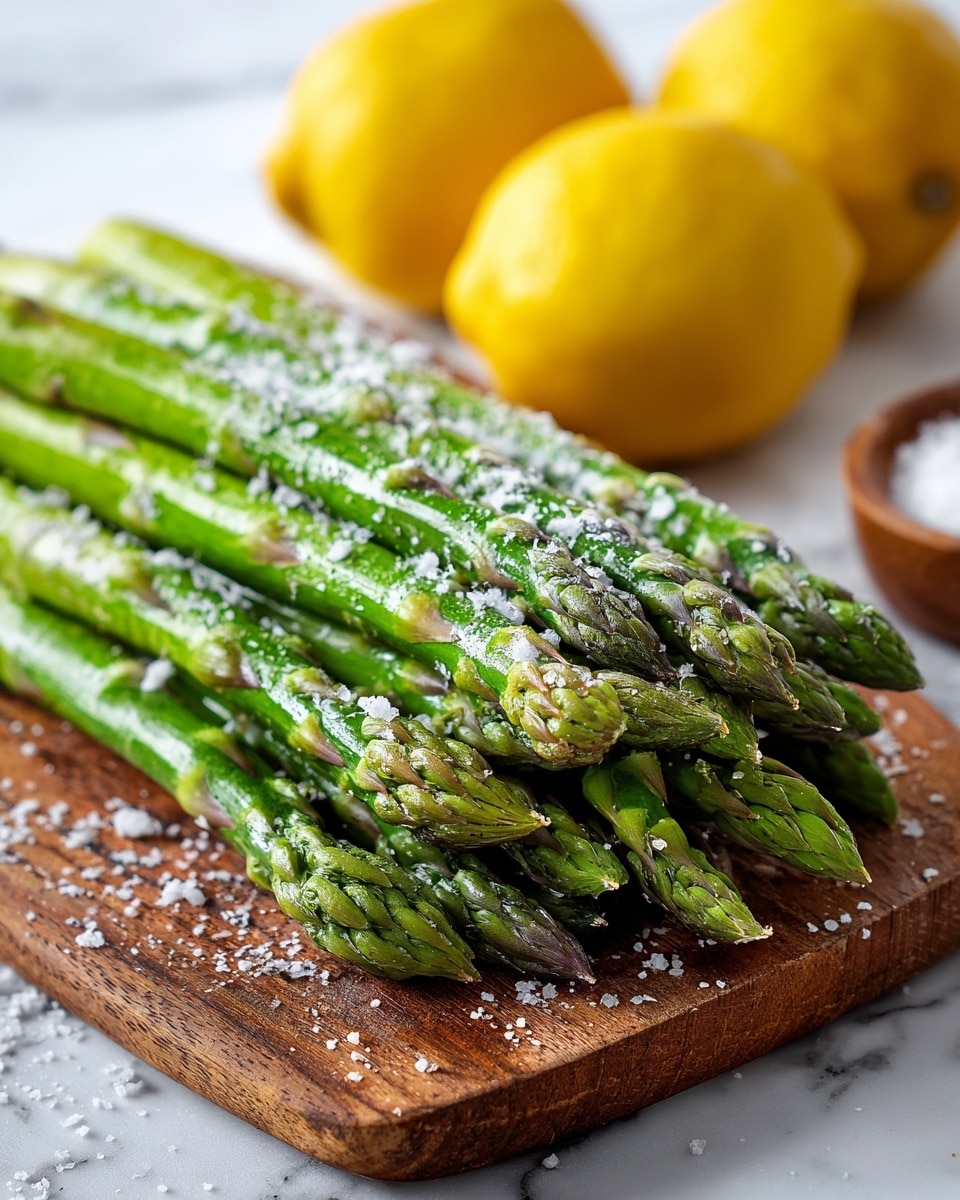 A pile of fresh green asparagus spears lies on a wooden cutting board, lightly sprinkled with coarse sea salt and finely grated cheese. In the blurred background, three bright yellow lemons sit on the left side, with some slices of garlic or cheese and kitchen items faintly visible. The scene is set on a white marbled surface that adds a clean, bright feel. The asparagus has a fresh, slightly glossy look with textured tips and smooth stalks. Photo taken with an iphone --ar 4:5 --v 7