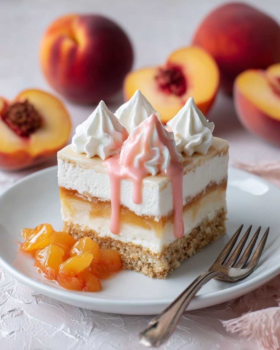 A square piece of layered dessert sits on a white plate placed on a white marbled surface. The dessert has four main layers: a bottom brown crumbly crust, a thick white creamy layer above it, a light brown sponge cake layer in the middle, and another thick white creamy layer on top. On the very top are several dollops of white whipped cream or meringue, each drizzled with pink syrup that drips down the sides. Next to the dessert on the plate is a small serving of orange-colored peach compote. Around the plate are whole ripe peaches with reddish-orange skin, and a silver fork lays in front on the marbled surface. The photo is softly lit, giving the dessert a fresh and appealing look. photo taken with an iphone --ar 4:5 --v 7