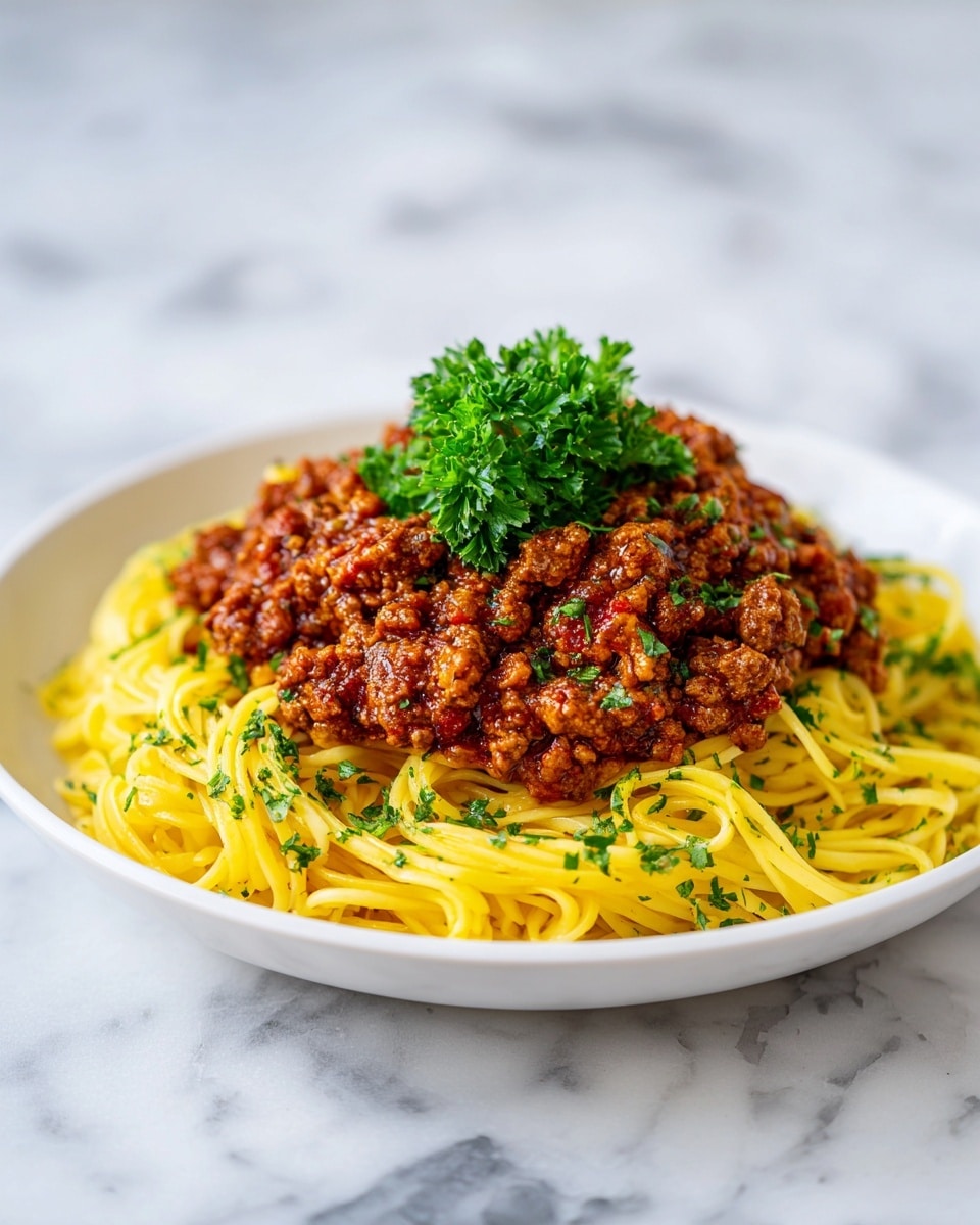 A close-up image of a serving of pasta with thick yellow noodles forming the bottom layer, topped with a generous layer of brown ground meat and green herbs scattered throughout. The pasta looks slightly glossy, and the meat appears finely crumbled with bits of tomato sauce. On top, there is a small bunch of fresh green parsley adding a touch of color. The dish is presented in a white bowl resting on a white marbled surface. photo taken with an iphone --ar 4:5 --v 7