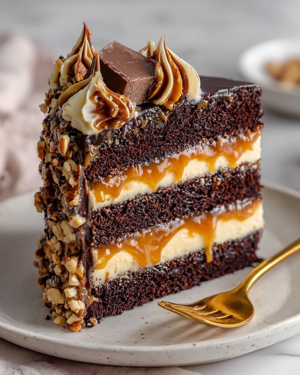 A close-up of a four-layer chocolate cake slice on a white plate, placed on a white marbled surface. The cake has alternating moist, dark brown chocolate layers and light beige cream layers. Each cream layer is topped with a drizzling of shiny caramel sauce with bits of nuts sprinkled on it. The outside of the cake is covered in a smooth dark chocolate ganache, with caramel and cream decorations on the side, along with pieces of chocolate and chopped nuts. In the foreground, a golden fork holds a bite of cake showing the same layered pattern and caramel drizzle. photo taken with an iphone --ar 4:5 --v 7