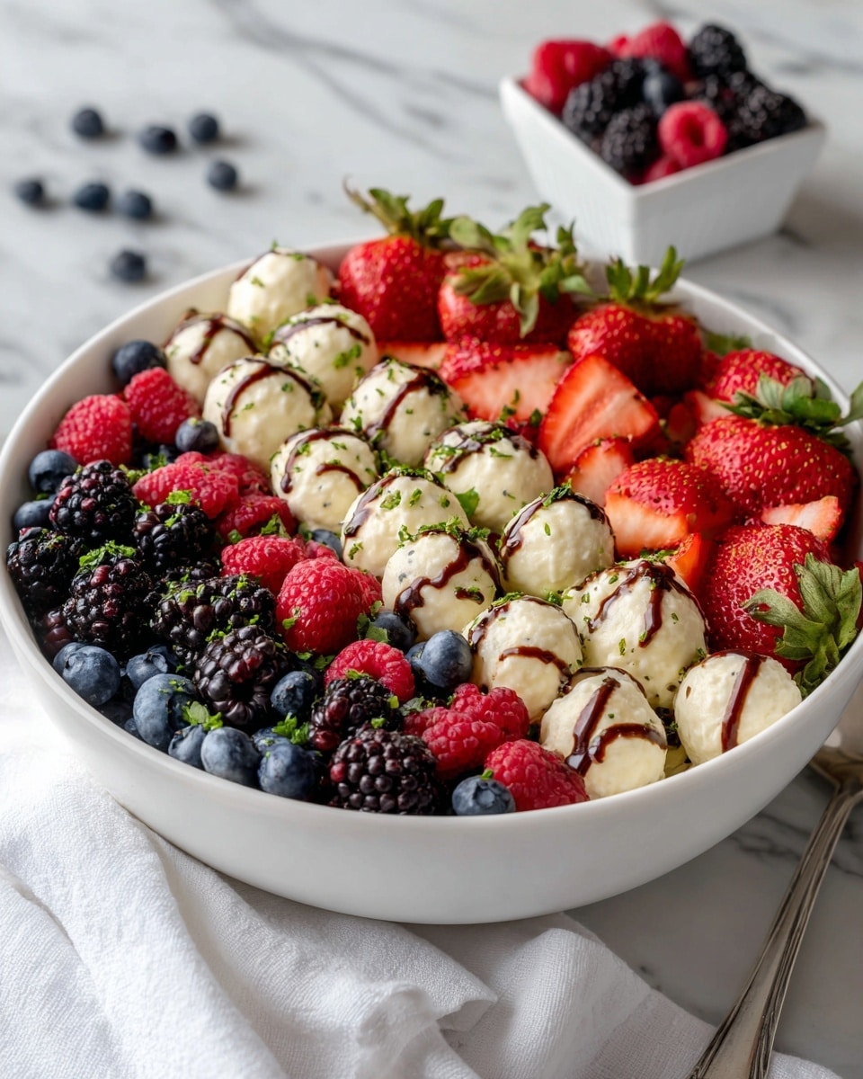 A white bowl filled with a colorful mix of fresh fruits and cheese balls is placed on a white marbled surface. The bowl contains three types of berries: red strawberries cut into halves, whole blackberries, and small round blueberries, all scattered evenly. Bright red raspberries are also spread throughout. White mozzarella cheese balls with a drizzle of balsamic glaze add contrast among the fruits. Small pieces of fresh green basil leaves are sprinkled on top, adding a splash of color. In the background, there is a white square bowl filled with similar mixed berries. Photo taken with an iphone --ar 4:5 --v 7