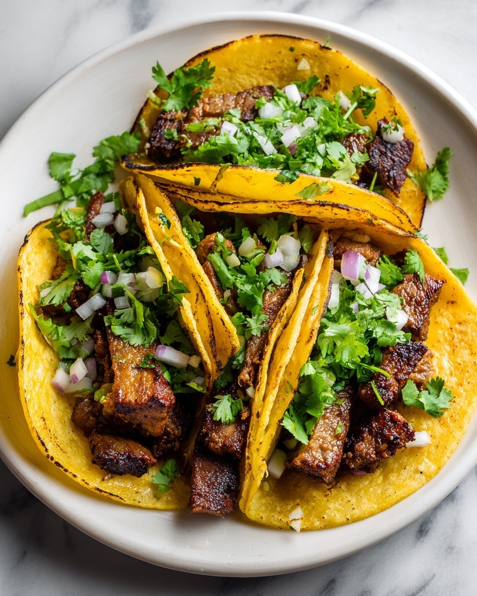The image shows three tacos placed side by side on a round white plate with a worn metal finish. Each taco has two layers of slightly charred, golden-yellow corn tortillas folded over a filling. The filling consists of small, browned pieces of cooked meat, topped with fresh, bright green cilantro leaves and finely chopped white and purple onions. The tacos rest on a white marbled surface, which adds a clean and elegant background to the overall rustic look of the dish. photo taken with an iphone --ar 4:5 --v 7