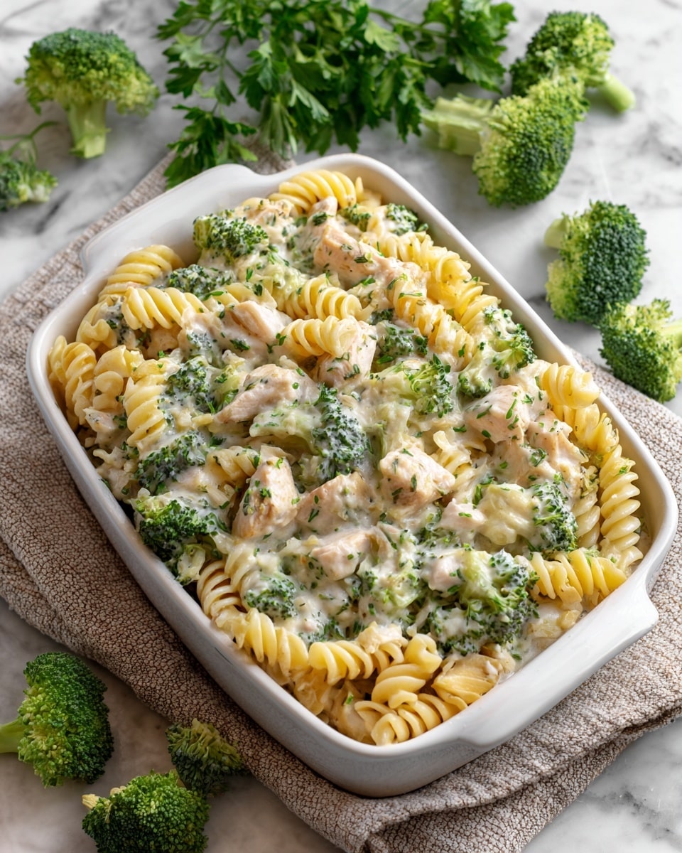 A white rectangular dish filled with short, twisted pasta in a creamy white sauce, mixed evenly with bright green broccoli florets and small chunks of light-colored chicken. The pasta pieces have a soft, slightly shiny texture, and the broccoli looks fresh and crisp, with varying shades of green. The chicken pieces appear tender and juicy, scattered throughout the dish. The dish sits on a beige textured cloth on a white marbled surface with fresh broccoli nearby, adding a natural touch. Photo taken with an iphone --ar 4:5 --v 7