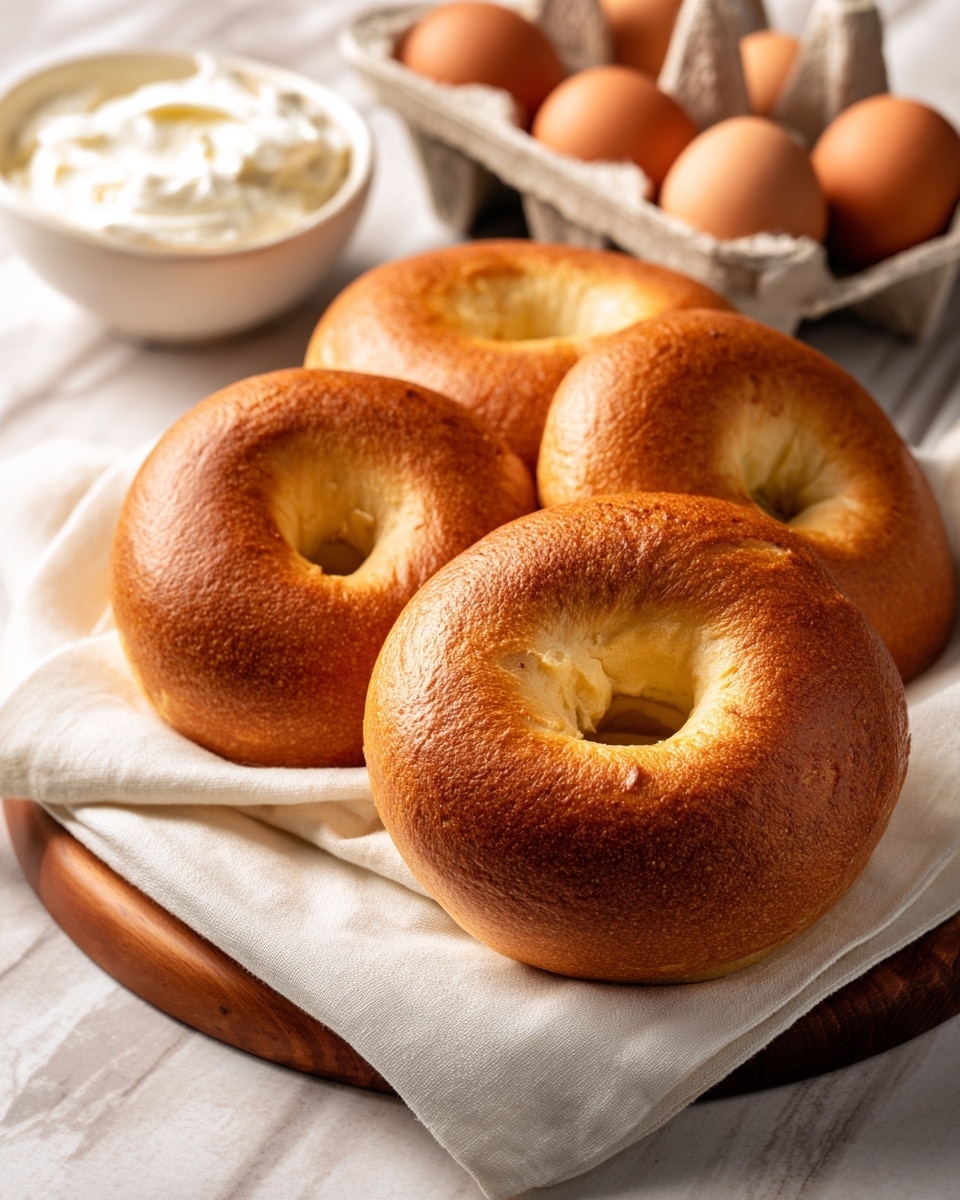 The image shows four golden brown bagels with a smooth, shiny crust and a soft, light yellow interior visible in the round hole in the center of each. They rest closely on a white cloth that covers a round wooden board, set against a white marbled surface. In the background, there is a glass bowl with white cream and a wooden crate holding brown eggs. The overall look is warm and fresh, with soft natural light highlighting the bagels’ texture. photo taken with an iphone --ar 4:5 --v 7