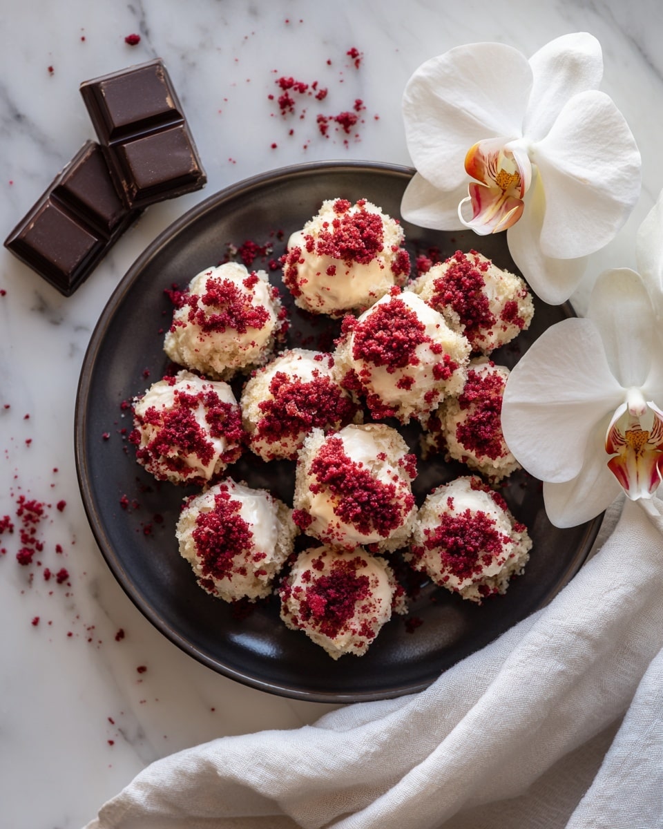 A dark plate holds many pieces of irregular-shaped white treats covered in red crushed powder, giving a rough and crumbly texture on top. The treats look soft and creamy with a white-to-pale pink color beneath the red coating. Around the plate, fine red crumbs are scattered, adding to the textured look. The scene is set on a white marbled surface with a white orchid flower and dark chocolate squares nearby, giving a clean and elegant feel. Photo taken with an iphone --ar 4:5 --v 7