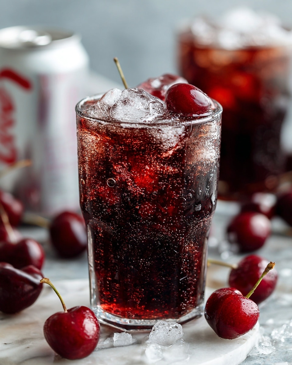 A clear glass filled with a dark red drink, topped with large ice cubes that catch the light, and garnished with dark red cherries perched on the rim. The glass is placed on a white marbled surface with a red soda can and another dark glass visible in the blurred background, adding depth to the scene. The drink looks cold and refreshing with the ice shining through the liquid, and the cherries add a fresh, bright touch to the dark drink. Photo taken with an iphone --ar 4:5 --v 7