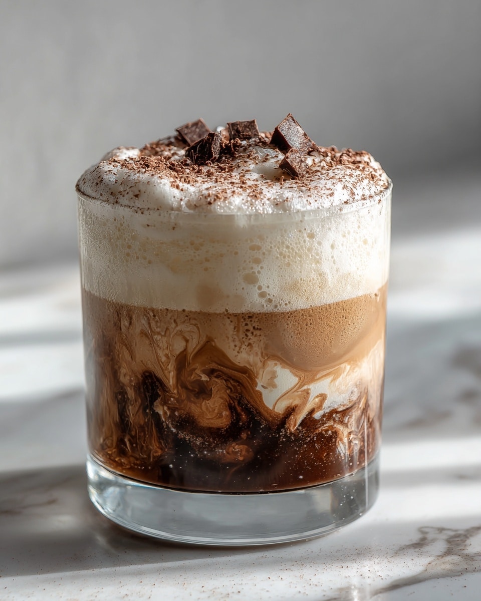 A clear glass filled with three visible layers: the bottom layer is creamy beige with swirls of dark brown coffee creating a marbled effect, the middle layer blends the light cream and dark coffee with soft swirling patterns, and the top layer is a thick, fluffy white foam dusted generously with fine cocoa powder; at the center of the foam are small dark chocolate chunks. The glass sits on a white marbled surface, lit by soft natural light casting gentle shadows. Photo taken with an iphone --ar 4:5 --v 7