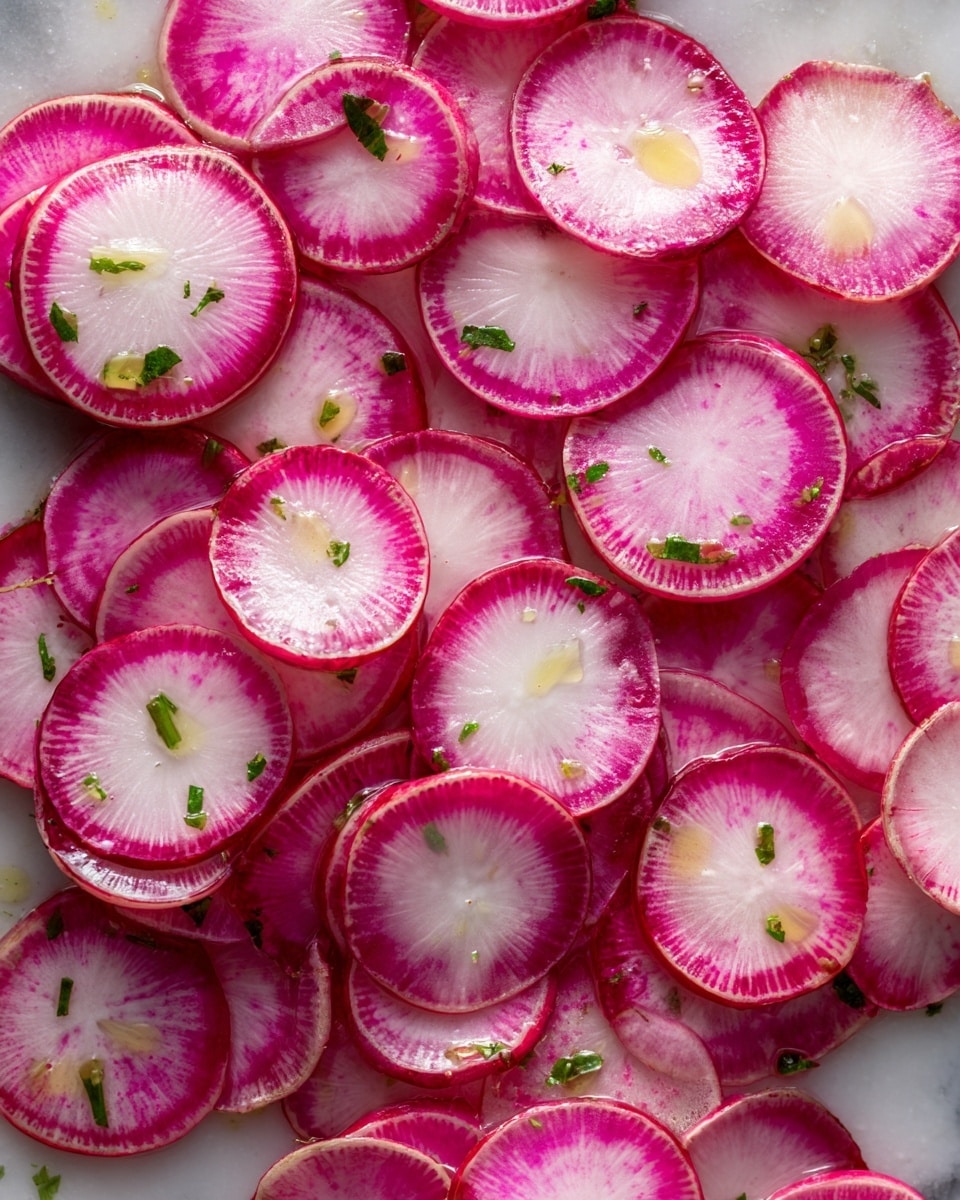 The image shows thin slices of radishes stacked closely together, covering the entire frame. Each radish slice has a bright pink skin with a white center and appears fresh and crisp. Light droplets of oil glisten on the surface, and small green herbs are sprinkled evenly on top, adding pops of color. There is a subtle shine from the oil, and the texture of the radish is smooth with a slightly glossy finish. The radishes sit on a white marbled surface. photo taken with an iphone --ar 4:5 --v 7
