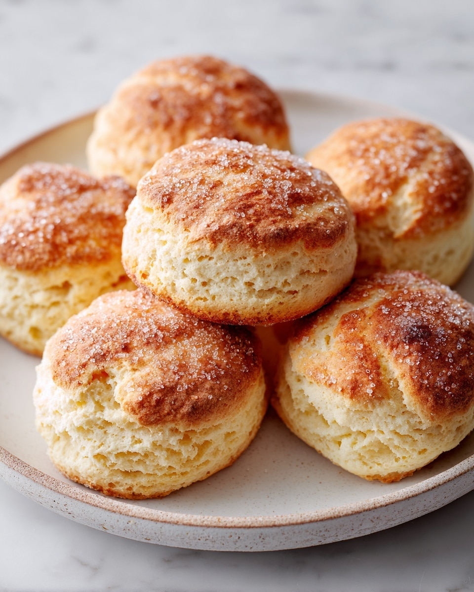 A white plate holds five round biscuits with a rough, golden-brown crust textured with cracks and a dusting of coarse sugar on top. The biscuits are arranged closely, some overlapping slightly, and one biscuit near the center shows a small layer of white cream visible between the crusts, adding contrast. The background surface is a white marbled texture which enhances the warm colors of the biscuits. Photo taken with an iphone --ar 4:5 --v 7