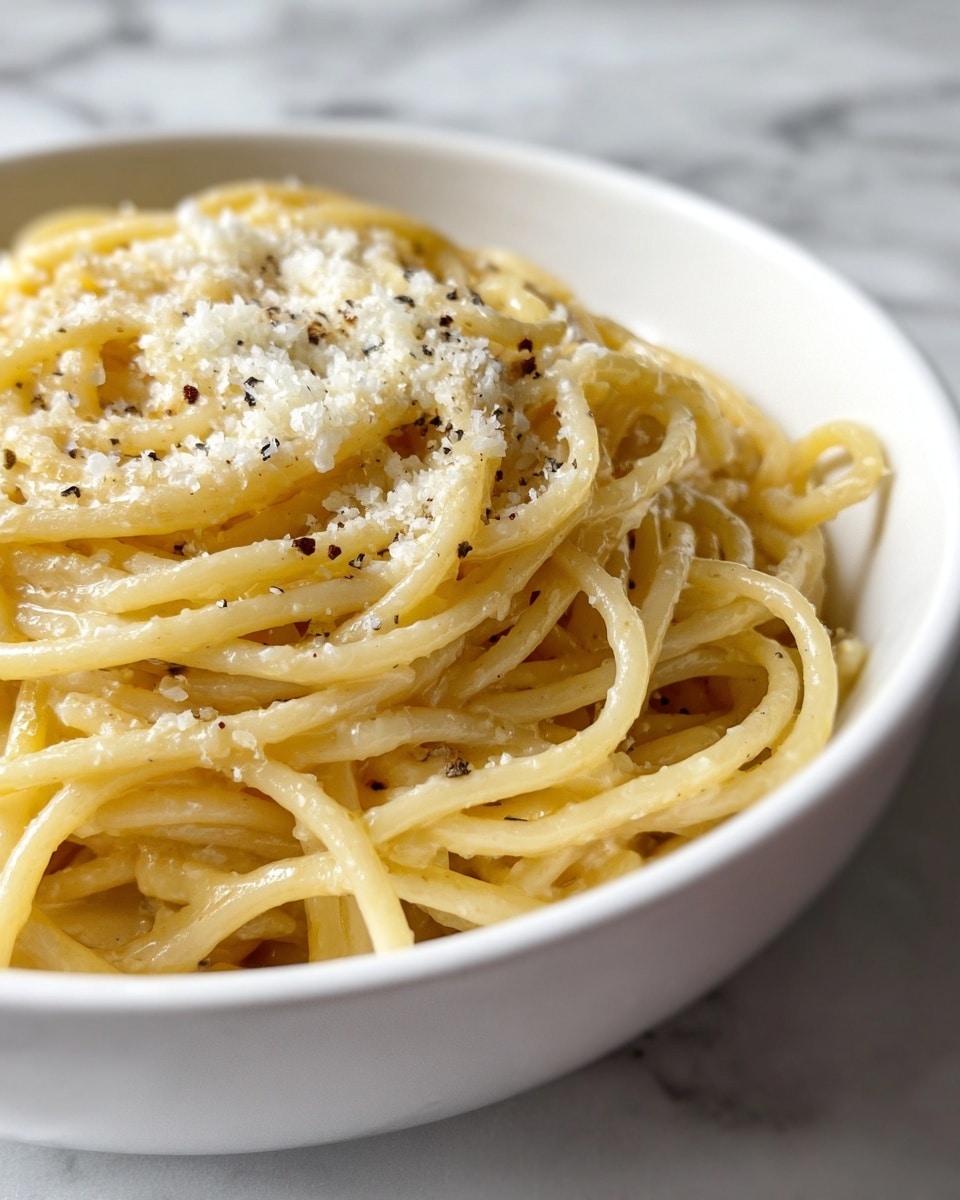 A close-up view of a bowl filled with a single layer of thin spaghetti noodles coated in a light creamy sauce. The noodles are pale yellow with a smooth, slightly glossy texture, entwined loosely. Generous sprinkles of finely grated white cheese and coarse black pepper flakes are scattered evenly on top, adding a speckled contrast. The dish is presented in a white bowl set on a white marbled texture surface. photo taken with an iphone --ar 4:5 --v 7