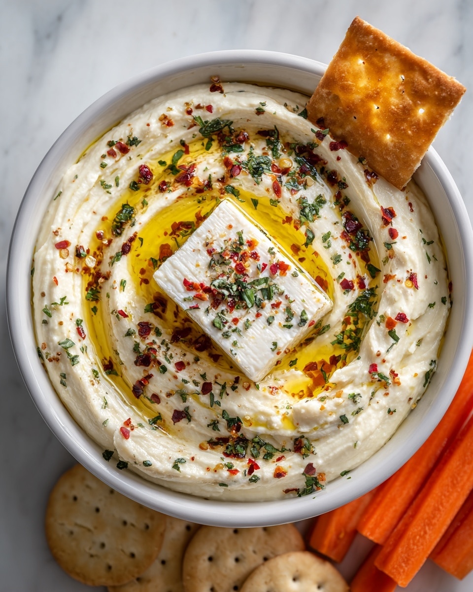 A close-up of a bowl showing three layers: the bottom layer is a smooth white creamy cheese spread swirled to create a textured surface; the middle layer has a pool of golden olive oil with scattered green herb pieces and red chili flakes; the top layer features a cube of white cheese covered with herbs and chili flakes, slightly resting on the creamy base. A golden-brown crispy flatbread piece dips into the cheese from the right edge. Surrounding the bowl, there are light brown round crackers and fresh orange carrot sticks on a white marbled surface. photo taken with an iphone --ar 4:5 --v 7