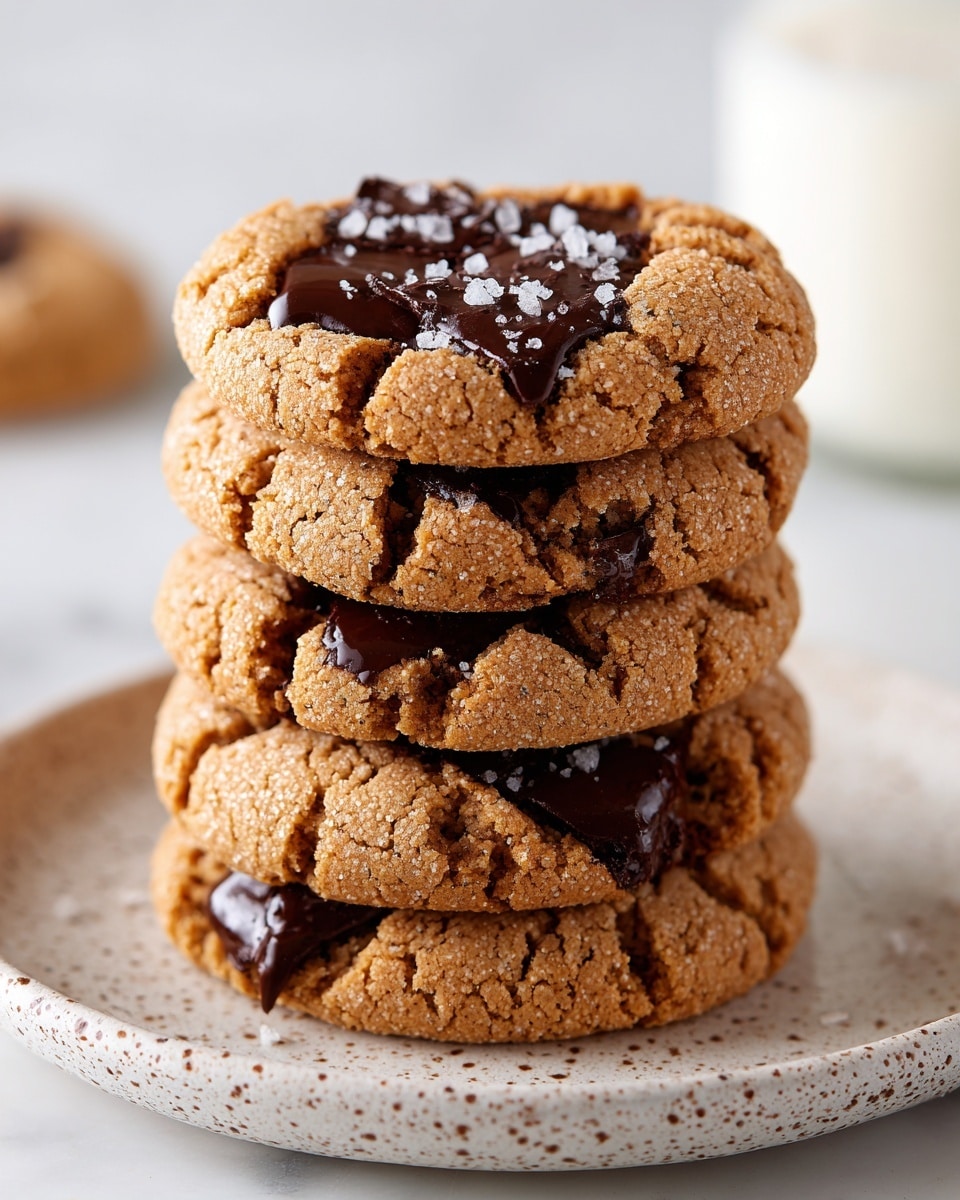 A close-up view of five round cookies stacked loosely on a white plate, each cookie has a golden-brown cracked surface with melted dark chocolate chips visible in the center and sprinkled with coarse white sea salt flakes. The cookies have a slightly rough, crumbly texture with cracks showing the gooey chocolate inside, placed on a white marbled surface with a blurred glass of milk in the background. photo taken with an iphone --ar 4:5 --v 7