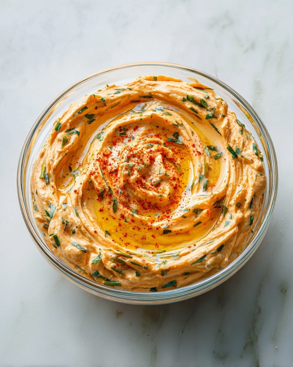 A clear glass bowl filled with a creamy, orange-tinted dip that has green bits of herbs mixed throughout. The dip has a smooth, whipped texture with swirls creating depth, and a small pool of olive oil is gathered in the center, topped with a sprinkle of red paprika for color contrast. The bowl sits on a white marbled surface, highlighting the vibrant colors of the dip. Photo taken with an iphone --ar 4:5 --v 7