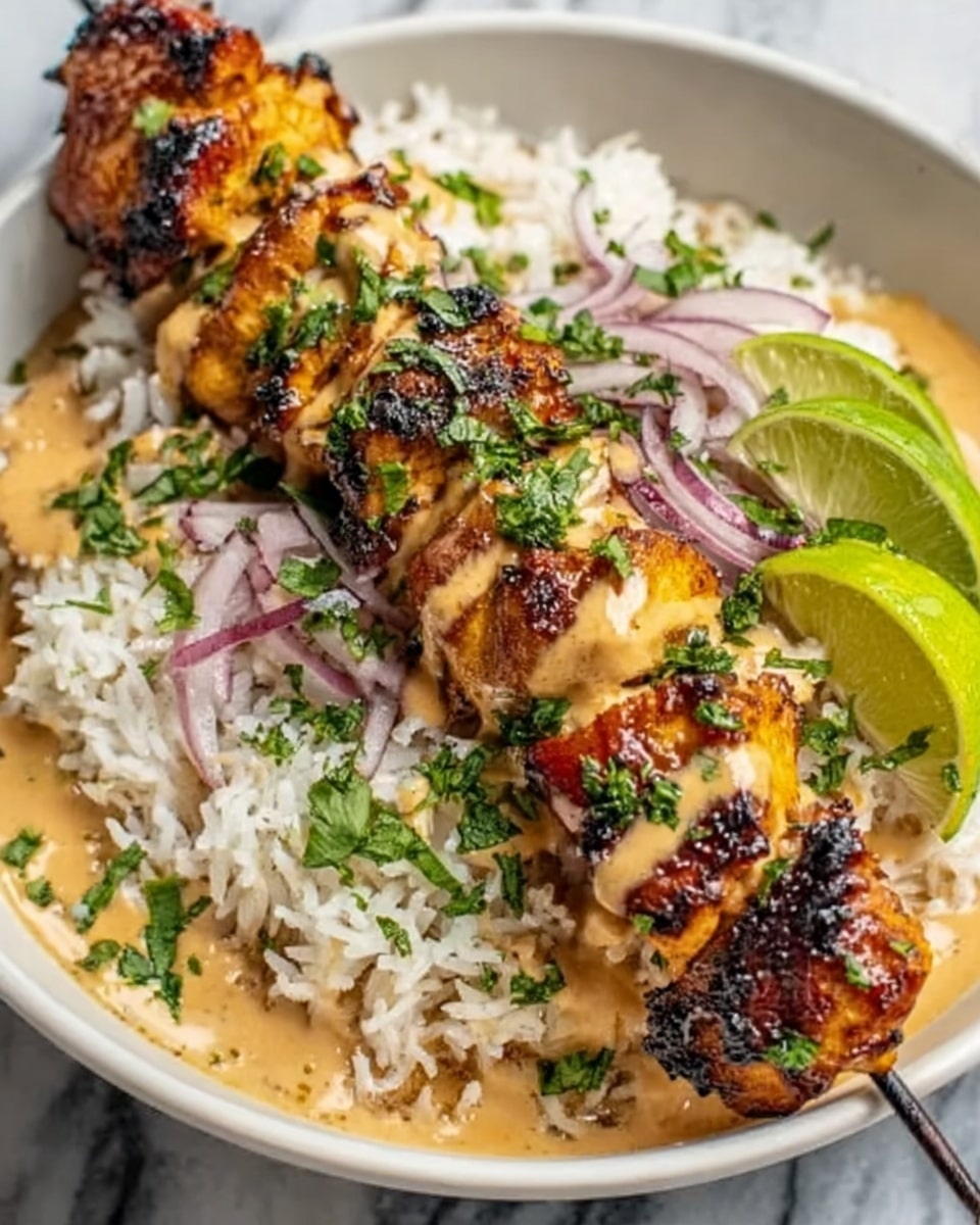 The image shows a bowl filled with white rice as the base layer, topped with two skewers of grilled chicken that have a nicely charred texture with dark grill marks. The chicken is cut into thick pieces and drizzled with a creamy orange sauce. On one side of the bowl, there is a fresh garnish made of chopped green onions and thin slices of purple-red onion, adding a mix of green and purple colors and a crunchy texture. A wedge of lime is placed on the edge of the bowl, partially visible. The bowl sits on a white marbled surface. photo taken with an iphone --ar 4:5 --v 7