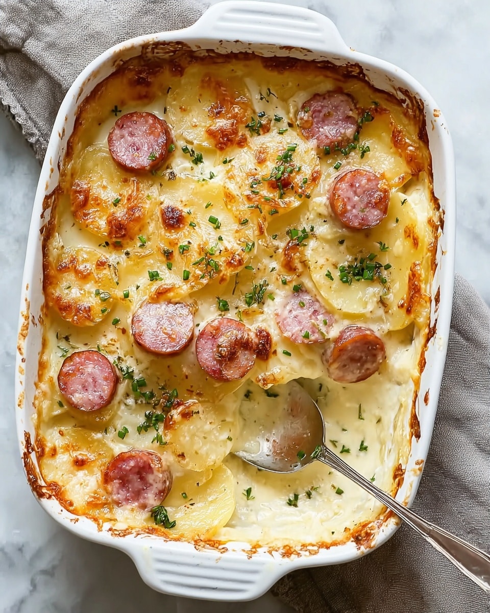 A white oval baking dish filled with a creamy potato gratin that has about three layers of thin yellow potato slices, each layer covered in a smooth white cheese sauce with some browned crispy edges. On top, there are round slices of pink sausage browned slightly, scattered evenly. The surface is sprinkled with small green herbs and black pepper dots, and a silver spoon is digging into the cheesy layers on the right side. The dish sits on a gray cloth over a white marbled surface. Photo taken with an iphone --ar 4:5 --v 7