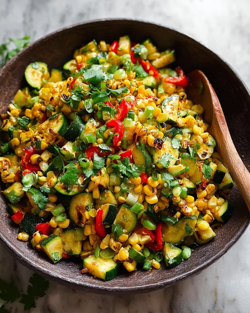 A bowl filled with a colorful mix of sautéed vegetables, showing about three layers: the base layer is golden yellow corn kernels with some light charring, the middle layer consists of green zucchini pieces cut into half-moons with a soft texture, and the top layer has small bits of red bell pepper and fresh green herbs sprinkled all over. The bowl is black and textured, with a large wooden spoon resting inside at the back, and the bowl sits on a folded cloth against a white marbled texture background. photo taken with an iphone --ar 4:5 --v 7
