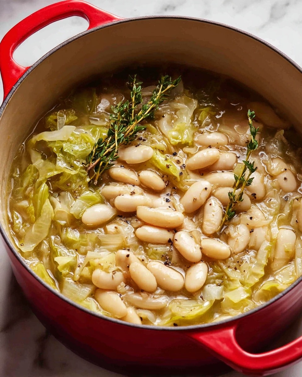 A close-up view inside a bright red pot shows a thick, creamy stew made with tender white beans and soft cooked cabbage pieces. The beans are smooth and plump with a light cream color, while the cabbage is pale green with a slightly translucent texture. Small black pepper specks and fresh green thyme sprigs sit on top, adding contrast and freshness. The inside of the pot is off-white, and the pot is set against a white marbled surface with some herbs faintly visible in the background. photo taken with an iphone --ar 4:5 --v 7