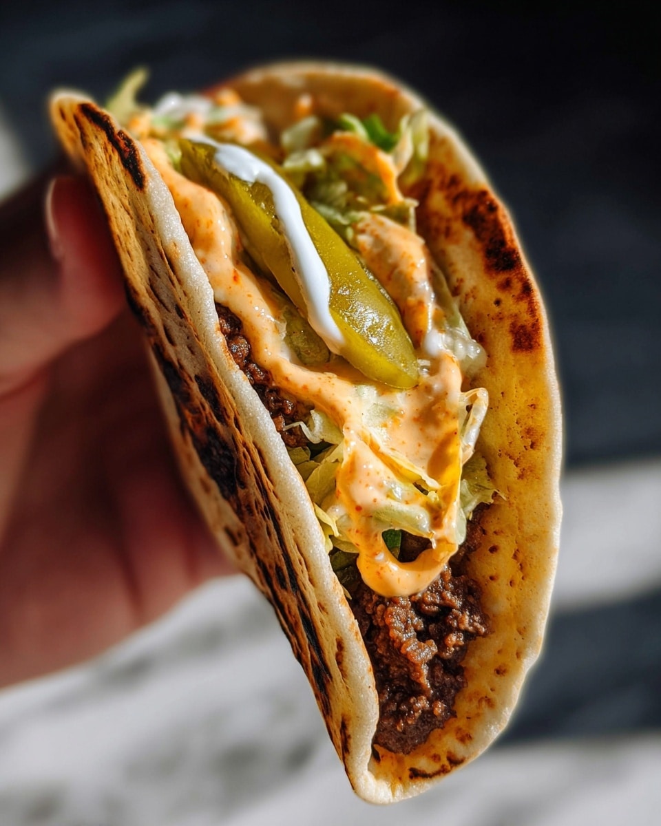 A close-up of a taco held by a woman's hand shows a soft, light brown tortilla with toasted spots. Inside, the first layer is dark brown ground beef with a crumbly texture, followed by a layer of creamy orange sauce. On top of the sauce, there is a crisp green pickle slice and some thin, shredded light green lettuce. The taco is folded to show all the layers clearly against a softly blurred background. Photo taken with an iphone --ar 4:5 --v 7