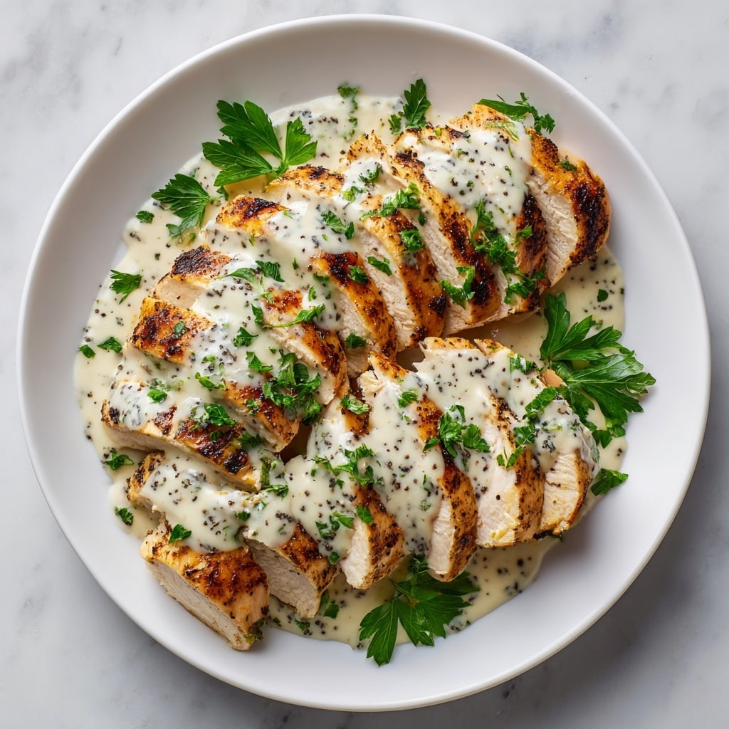The image shows a close-up of grilled chicken slices layered on a white plate, topped with a creamy white sauce. The chicken has a golden brown color with visible grill marks and a slightly crispy texture. Fresh green parsley leaves are scattered on top, adding a bright contrast to the pale sauce and chicken. The sauce looks smooth and thick, covering the chicken but still allowing the grill marks to be seen. The plate is set on a white marbled surface, bringing a clean and bright background to the dish. Photo taken with an iphone --ar 4:5 --v 7
