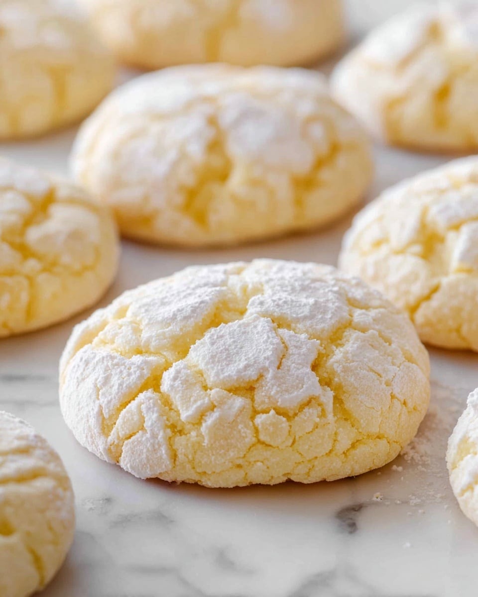 The image shows several soft, round cookies with a cracked surface and a light dusting of white powdered sugar on top. Each cookie is a pale yellow color with a slightly rough texture, appearing thick and fluffy. They are placed directly on a white marbled surface in a scattered arrangement, with the cookie in the center being the most focused and prominent. The edges of the cookies are uneven and crumbly, giving a homemade look. Photo taken with an iphone --ar 4:5 --v 7