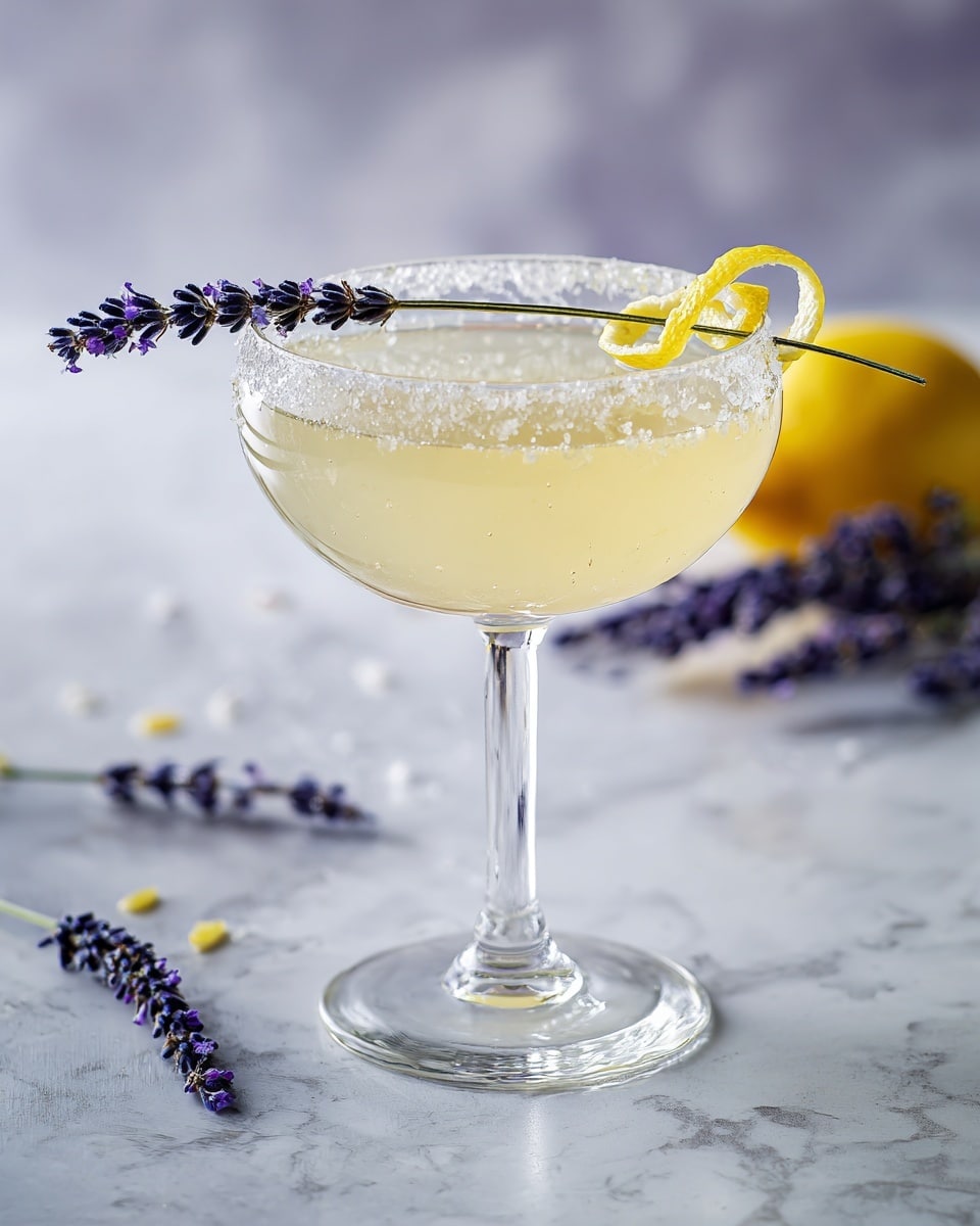 A clear glass coupe filled with pale yellow cocktail liquid, with small bubbles visible on the sides. The glass rim is coated with coarse white sugar crystals. A single sprig of dark purple lavender rests horizontally on top of the glass. A long lemon peel twist with bright yellow color curls around the right side of the glass rim. The glass is placed on a white marbled surface with out-of-focus lavender sprigs and lemon slices in the background. photo taken with an iphone --ar 4:5 --v 7