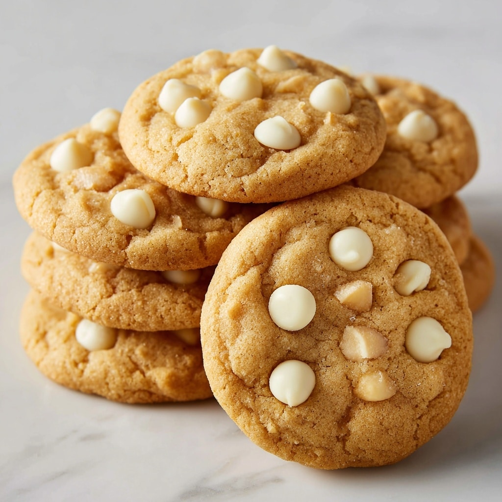 The image shows a pile of round cookies stacked on a white marbled surface, each cookie golden brown in color with a soft texture. The top cookie has white chocolate chips scattered evenly on its surface, slightly melted and glossy, giving a smooth and creamy look. The cookies have slight cracks and bumps, showing their soft and chewy texture. Shadows and light create depth, emphasizing the warm and inviting appearance of the stack. photo taken with an iphone --ar 4:5 --v 7