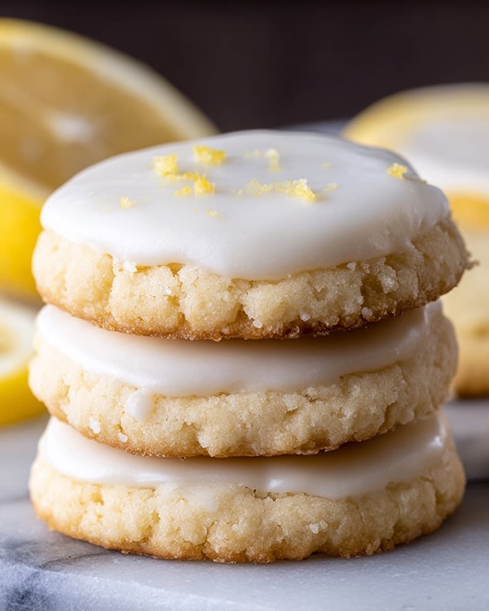 A close-up view of a stack of three round shortbread cookies placed on a white marbled surface. The top cookie has a smooth, white icing layer evenly spread, slightly glossy and thick, covering the entire top surface. The bottom two cookies are plain, showing a crumbly, pale golden texture with slightly rough edges. In the background, there are blurred slices of lemon adding a soft hint of yellow color. The lighting is soft and natural, highlighting the rough texture of the cookies and the smoothness of the icing on the top cookie, photo taken with an iphone --ar 4:5 --v 7