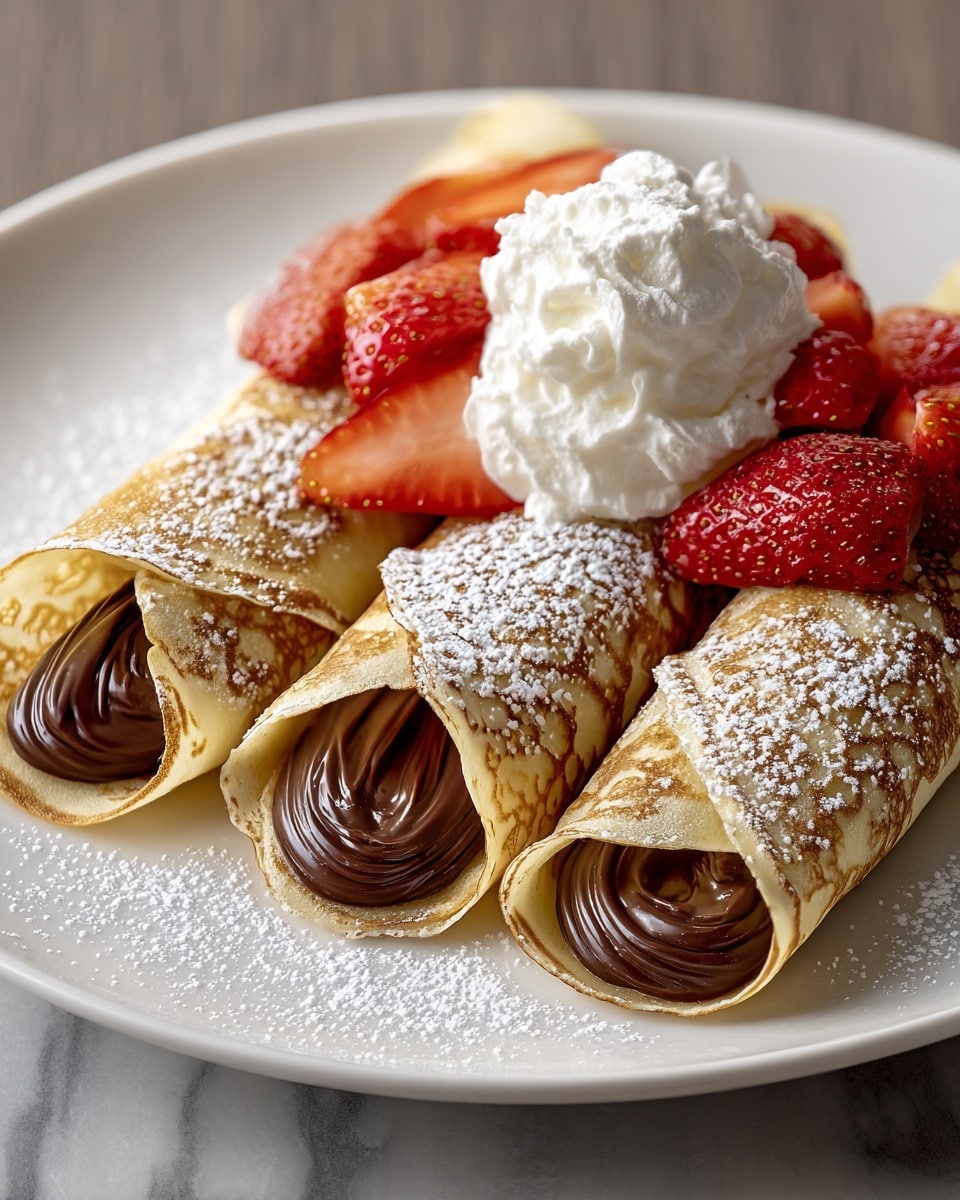 Three rolled crepes are placed side by side on a white plate. Each crepe is thin, golden brown with slightly darker spots, and filled with rich, shiny dark chocolate spread that is visible at the open ends. The middle crepe has a dollop of white whipped cream on top, surrounded by fresh red strawberries, some whole and some sliced. The whole dish is lightly dusted with white powdered sugar. The plate sits on a white marbled surface. Photo taken with an iphone --ar 4:5 --v 7