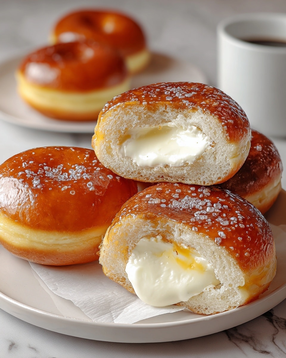 The image shows four round cream-filled donuts on a white plate set on a white marbled surface. Two donuts in the front have a golden brown caramelized sugar top with a shiny, slightly textured surface, and one of them is bitten, revealing a smooth, creamy light yellow custard filling inside softly textured dough layers. Behind them, two donuts have a smooth, glossy deep golden top without caramelization, with the light fluffy dough layer visible on the sides. In the background, there is a blurred white container. photo taken with an iphone --ar 4:5 --v 7