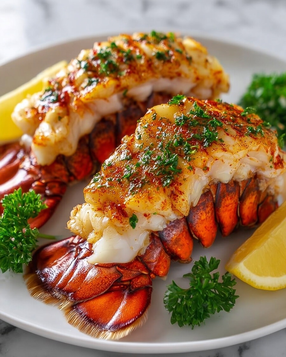 Two lobster tails are placed side by side on a large white plate, each with a bright orange shell base and a thick layer of white lobster meat on top, grilled or broiled with a golden-brown, slightly crispy texture. The lobster meat is sprinkled with chopped green herbs and a light dusting of reddish seasoning. Around the lobster tails are fresh green parsley sprigs and two lemon wedges with bright yellow rind and juicy flesh. The plate sits on a white marbled surface. photo taken with an iphone --ar 4:5 --v 7