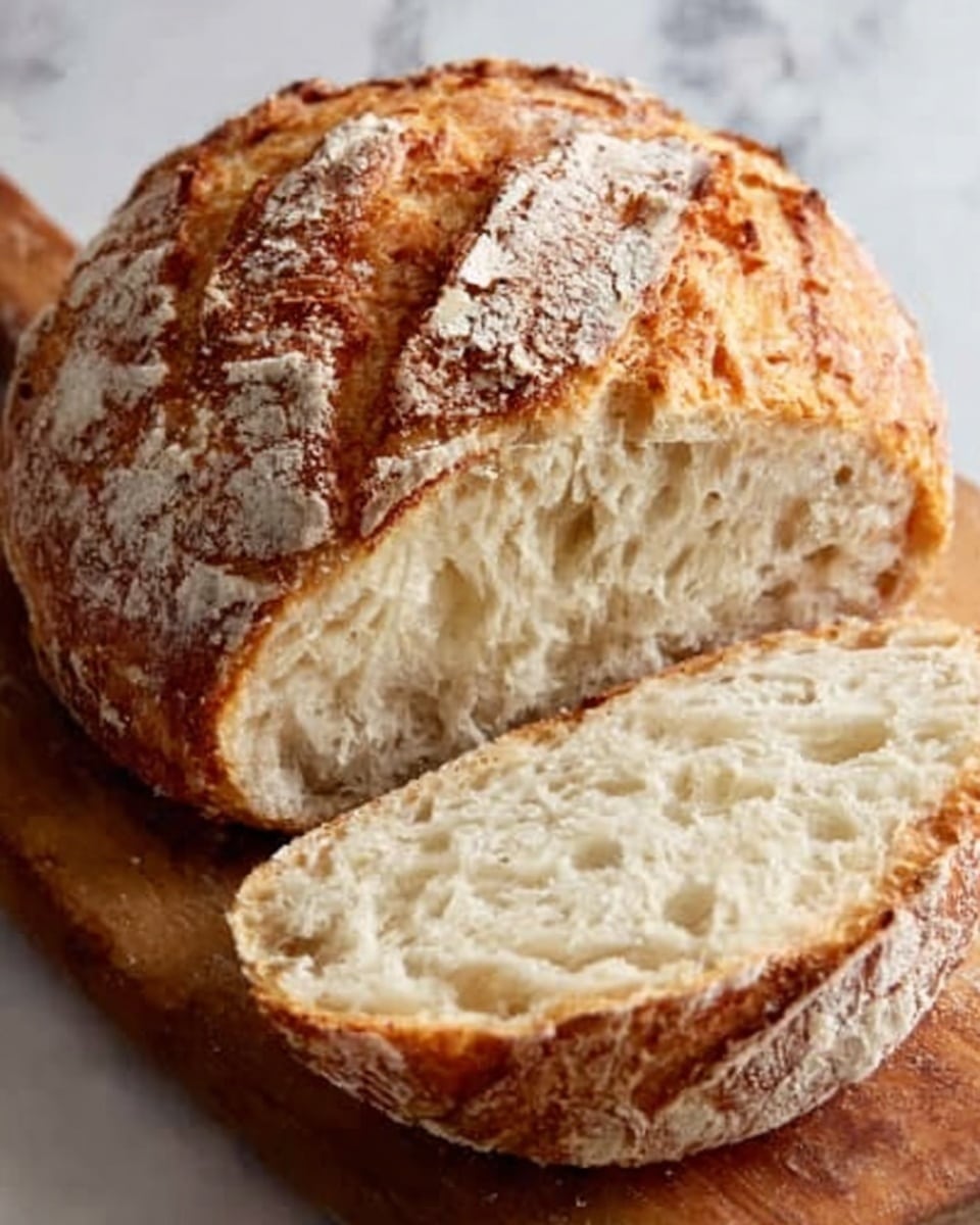 A round loaf of bread with a rustic crust that is golden brown with some white flour sprinkled on top is sitting on a wooden cutting board. The bread has deep cracks on the crust showing a soft, light beige inside. One slice is cut and placed in front of the loaf, showing the airy and fluffy texture inside. The background is a white marbled texture. photo taken with an iphone --ar 4:5 --v 7