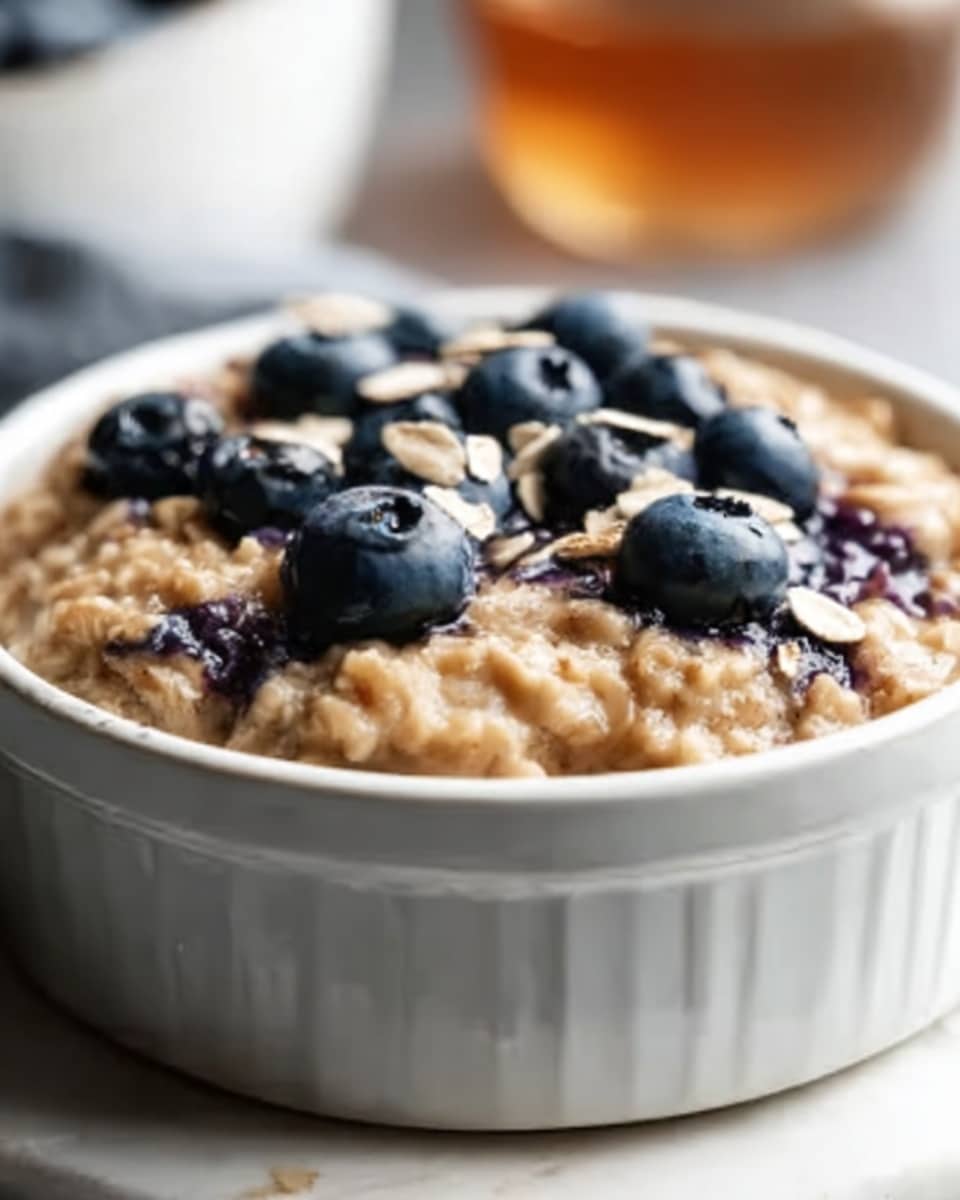 A white bowl holds a baked dish with a crumbly golden-brown oat topping. Underneath the topping, there are dark purple baked blueberries peeking through. A small cluster of fresh blueberries sits on top in the center. The texture looks crunchy on the top and soft inside. The bowl is placed on a white marbled surface. Photo taken with an iphone --ar 4:5 --v 7
